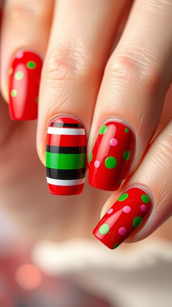 Christmas Nail Art in Red and Green Christmas-themed nail art in red and green with festive patterns on a set of manicured nails.